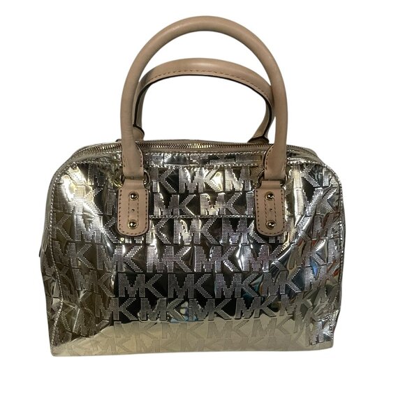 MICHAEL KORS Mason Medium Logo Embossed Metallic Gold Leather Satchel - Picture 8 of 10